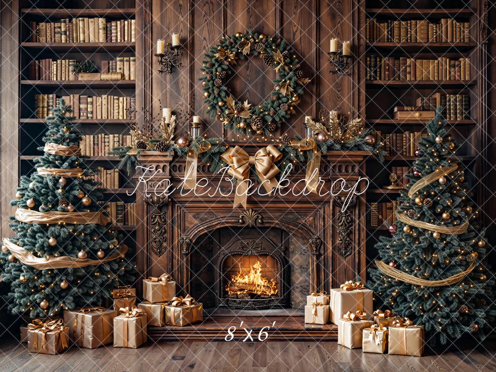 Kate Christmas Fireplace Bookshelves Trees Backdrop Designed by Emetselch