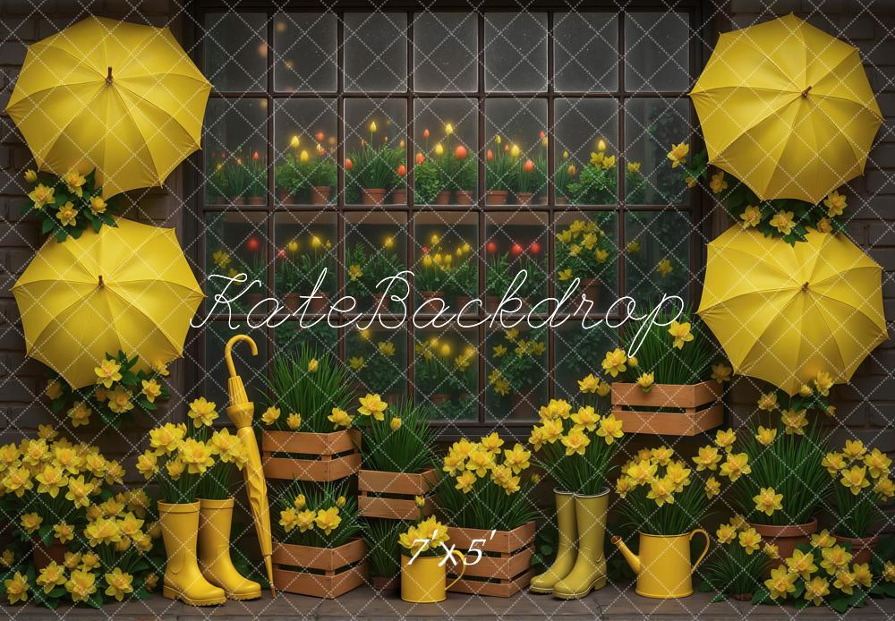 Kate Yellow Umbrellas Daffodils Window Crates Backdrop Designed by Mini MakeBelieve -UK