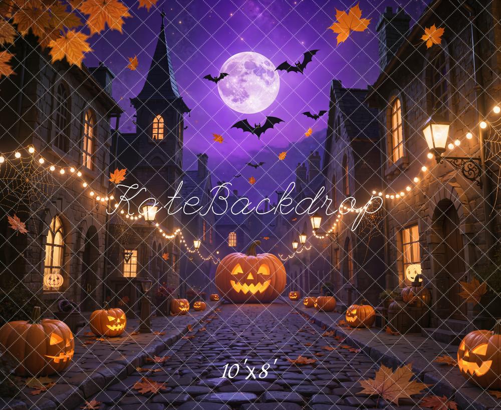 Kate Halloween Pumpkins Bats Purple Night Fleece Backdrop Designed by Emetselch -UK