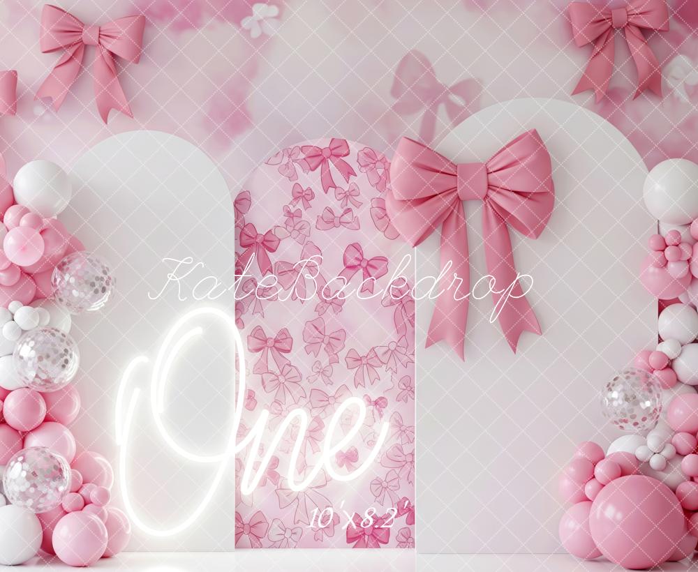Kate 1st Birthday Pink Bows Balloons Arch Backdrop Designed by Patty Robert