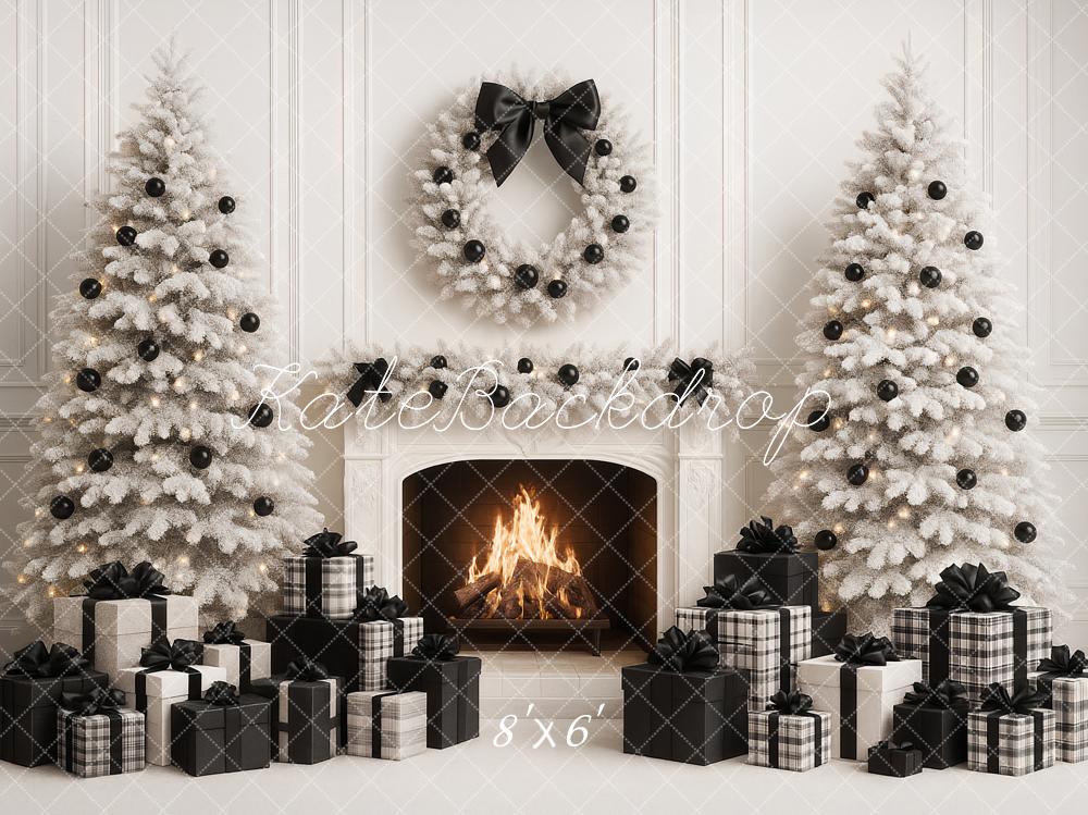 Kate Christmas White Trees Fireplace Black Presents Backdrop Designed by Ashley Paul