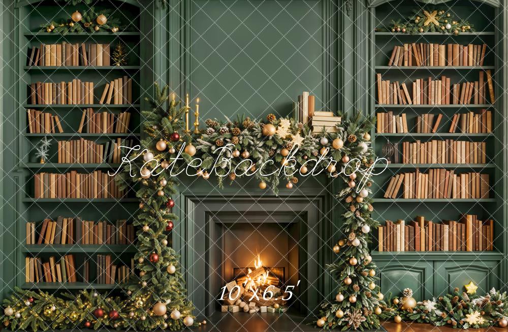Kate Christmas Fireplace Bookshelves Green Fleece Backdrop Designed by Emetselch -UK