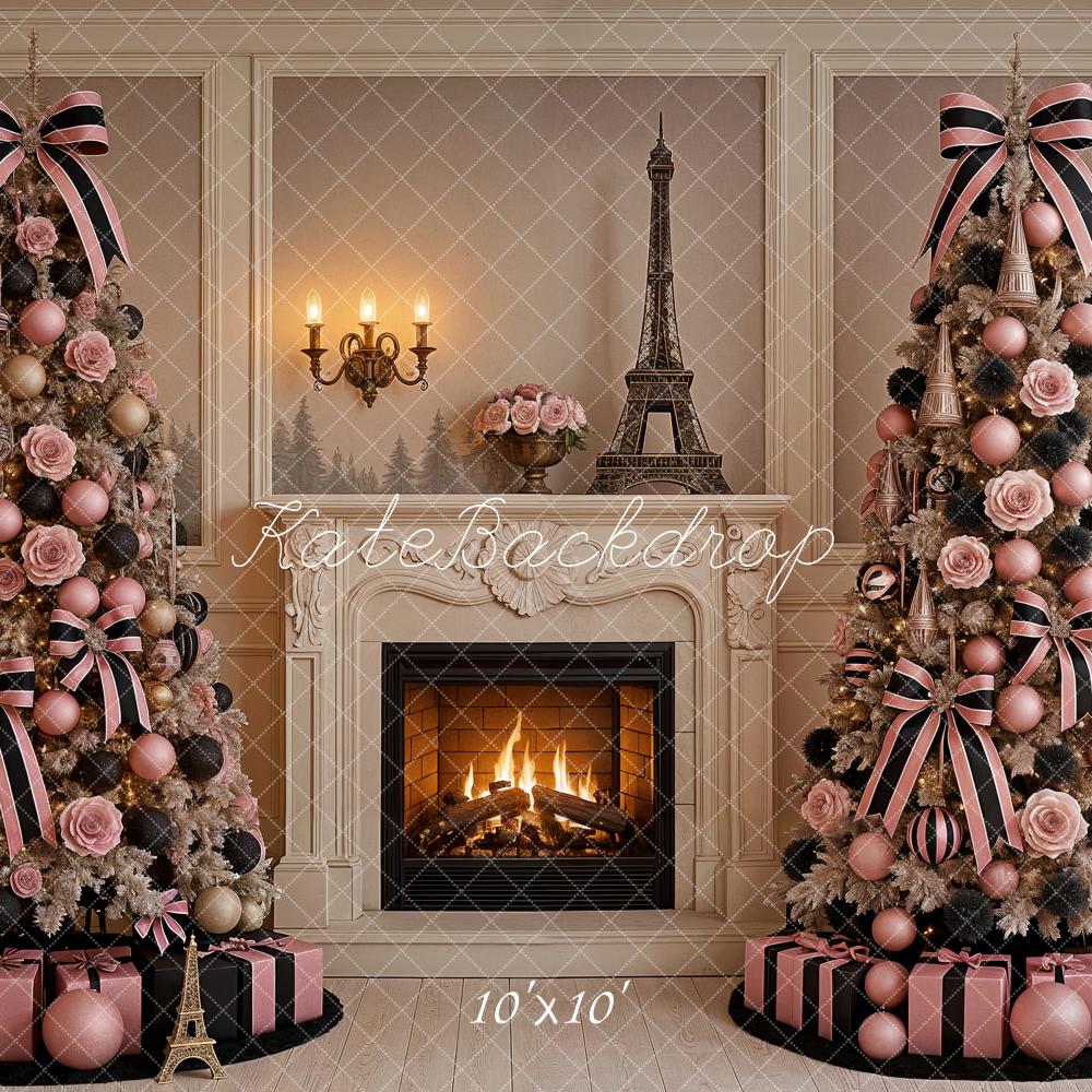 Kate Christmas Trees Fireplace Parisian Decor Backdrop Designed by Ashley Paul
