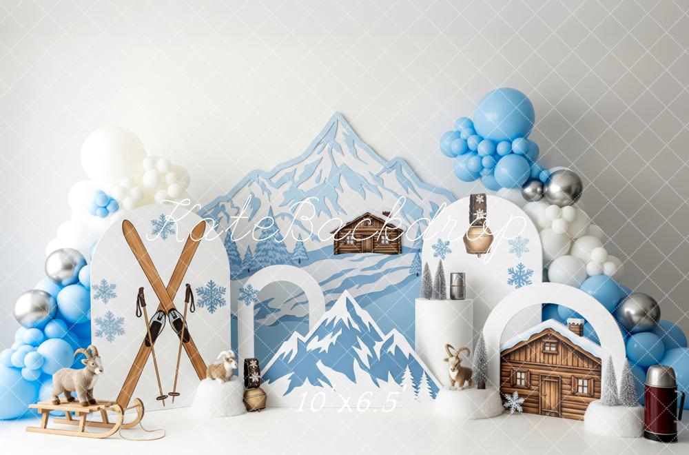 Kate Winter Mountain Cabin Skis Snowflakes Backdrop Designed by Patty Robert