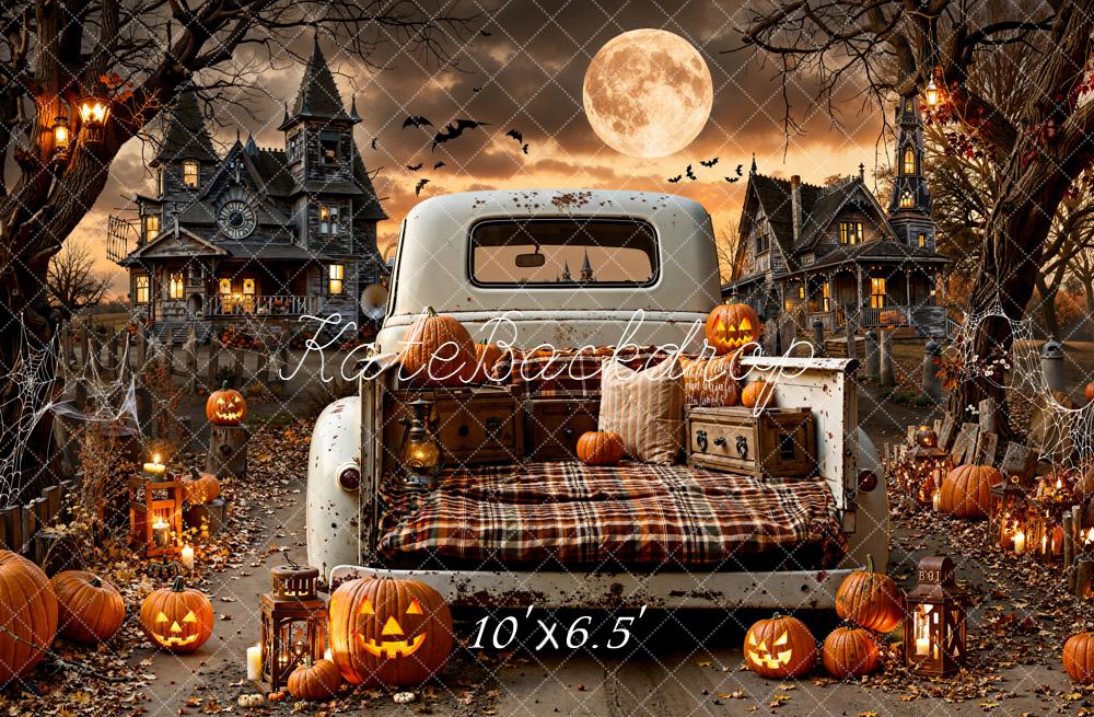 Kate Halloween Truck Pumpkins Haunted Houses Backdrop Designed by Emetselch -UK