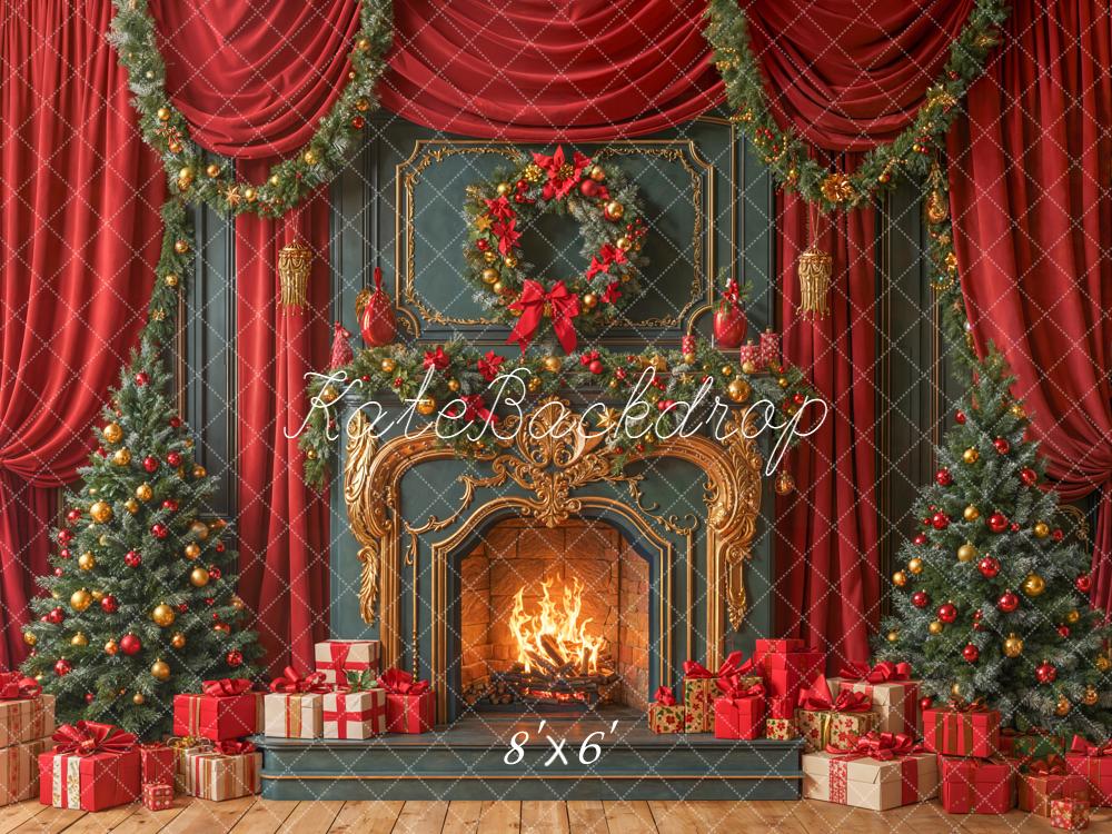 Kate Red Christmas Fireplace Trees Presents Backdrop Designed by Emetselch