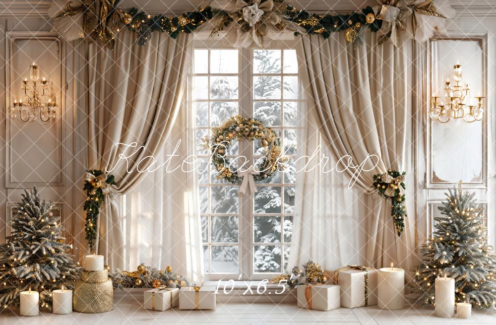 Kate Christmas Beige Curtain White Window Backdrop Designed by Emetselch -UK