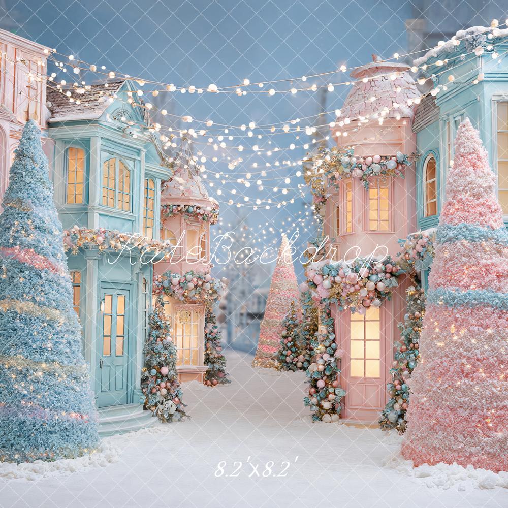 Kate Christmas Pastel Village Trees Backdrop Designed by Ashley Paul
