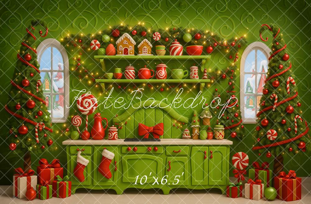 Kate Christmas Green Kitchen Gingerbread Trees Backdrop Designed by Ashley Paul
