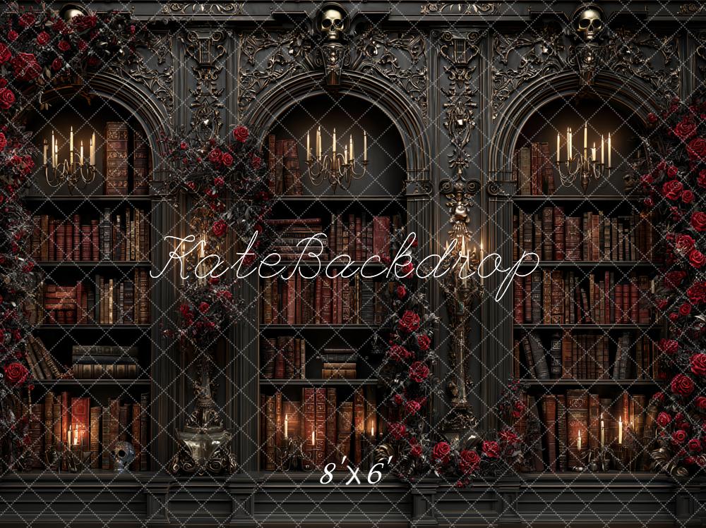 Kate Gothic Bookshelf Candlelight Red Roses Backdrop Designed by Ashley Paul