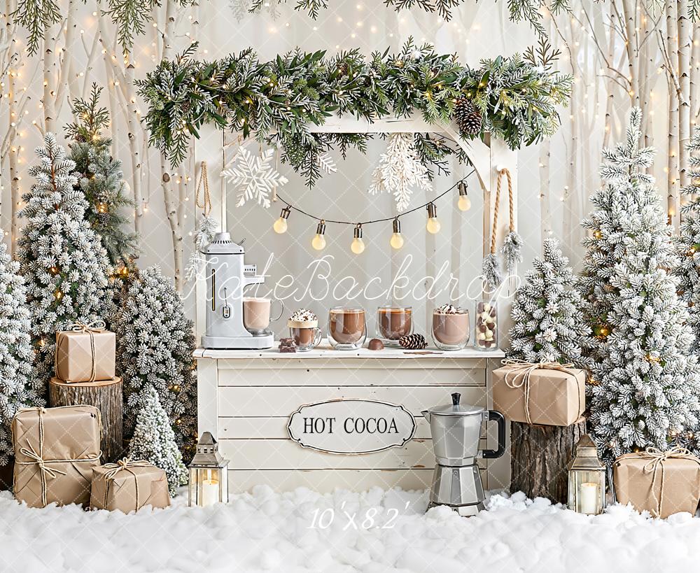 Kate Winter Christmas Hot Cocoa Gifts Snowy Trees Backdrop Designed by Emetselch -UK
