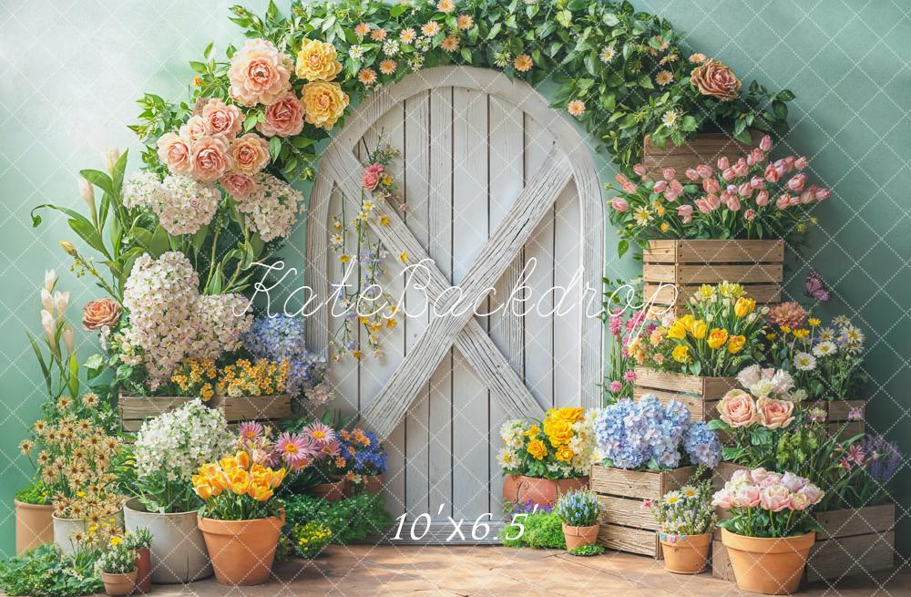 Kate Spring Garland Wooden Door Crates Fleece Backdrop Designed by Emetselch -UK