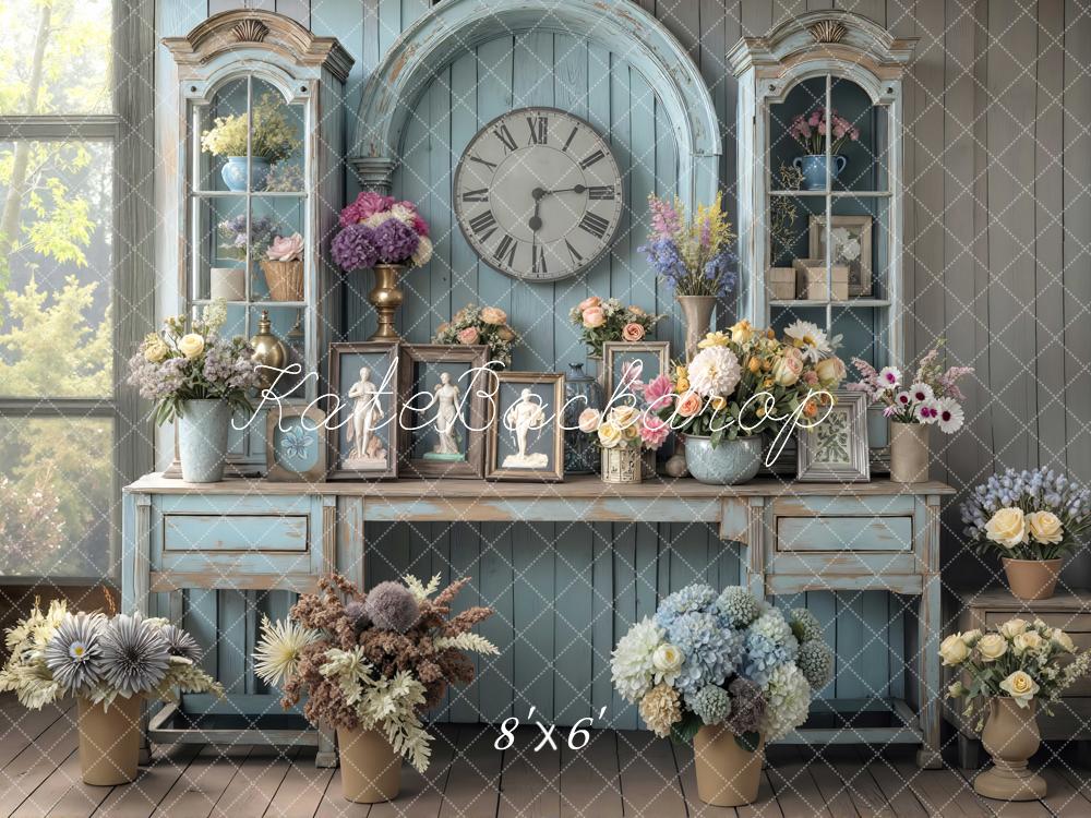 Kate Vintage Cabinet Clock Flowers Blue Backdrop Designed by Mini MakeBelieve -UK