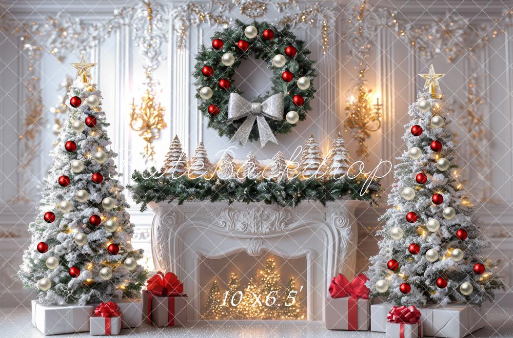 Kate Christmas White Fireplace Wreath Trees Backdrop Designed by Mini MakeBelieve -UK