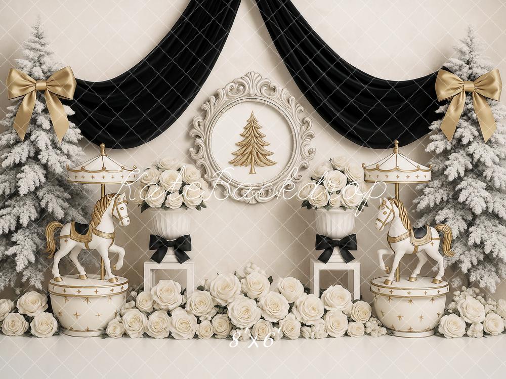 Kate Christmas Carousel Trees White Roses Backdrop Designed by Ashley Paul -UK