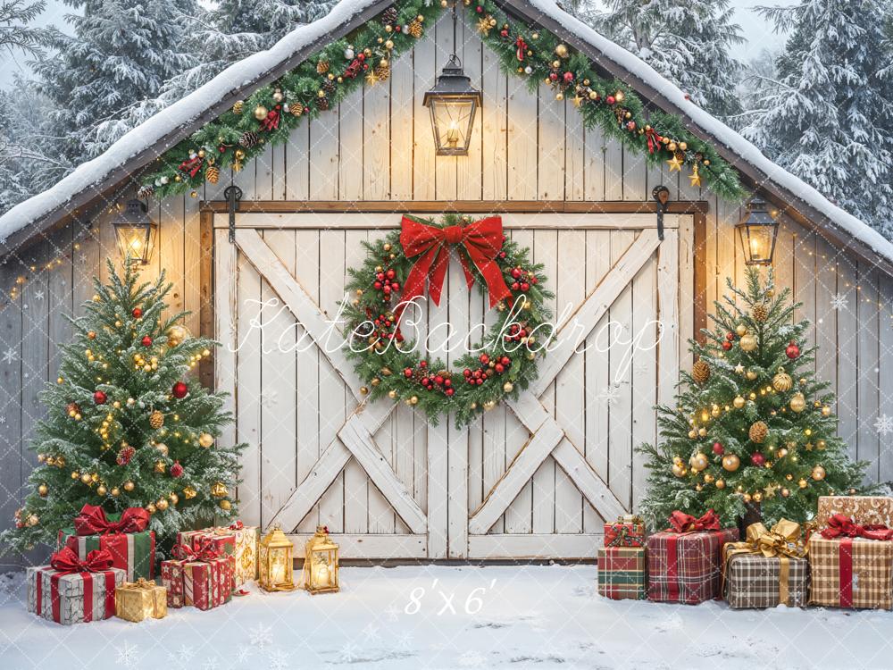 Kate Christmas Barn Door Garland Trees Presents Backdrop Designed by Emetselch -UK