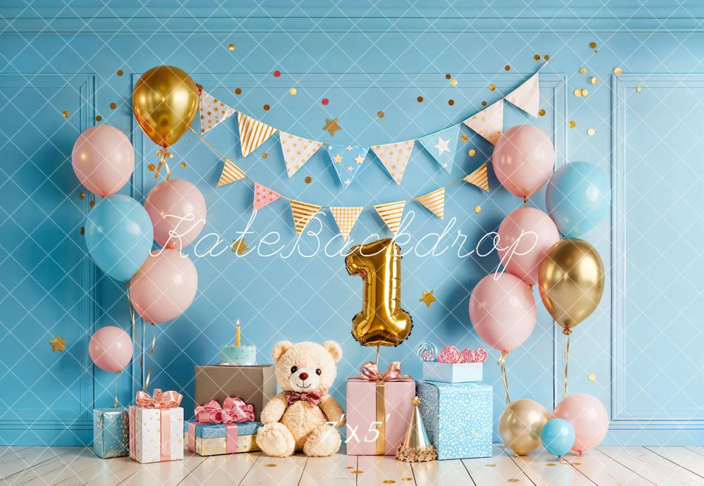 Kate 1st Birthday Blue Balloons Gift Backdrop Designed by Chain Photography