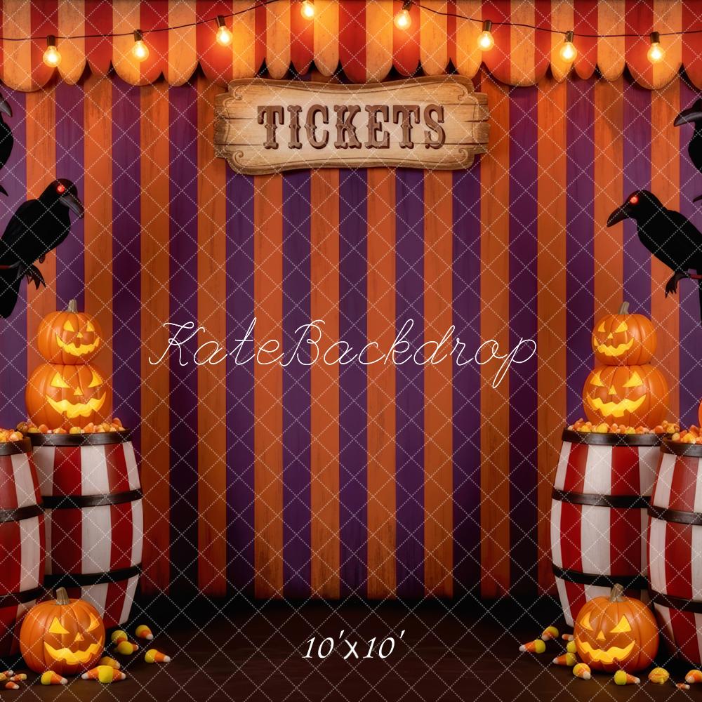 Kate Halloween Circus Striped Barrels Pumpkins Backdrop Designed by Patty Robert