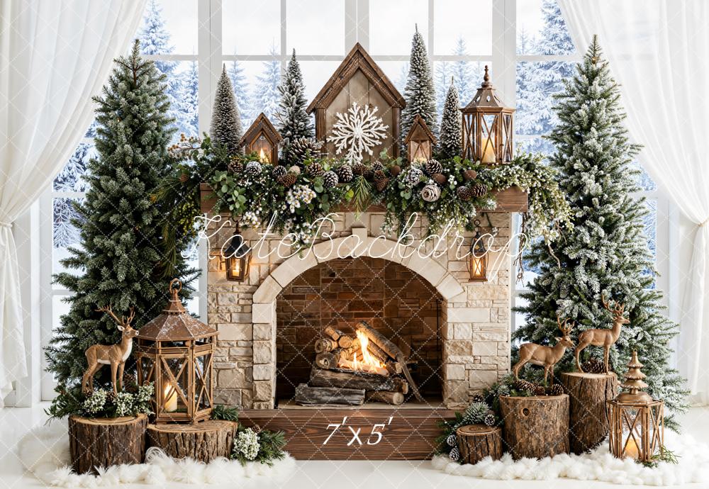 Kate Christmas Fireplace Trees Reindeer Backdrop Designed by Emetselch -UK