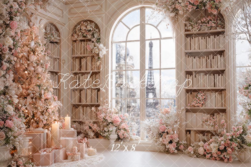 Kate Christmas Pink Floral Bookshelves Window Backdrop Designed by Ashley Paul