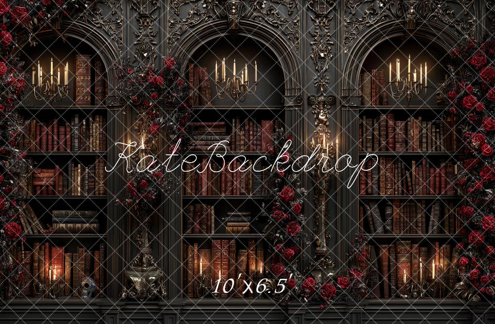 Kate Gothic Bookshelf Candlelight Red Roses Backdrop Designed by Ashley Paul