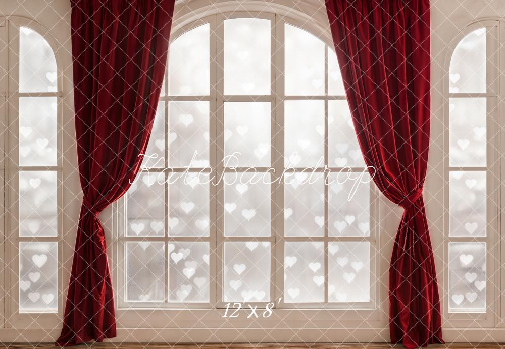 Kate Window Red Curtains Heart Pattern Fleece Backdrop Designed by Emetselch