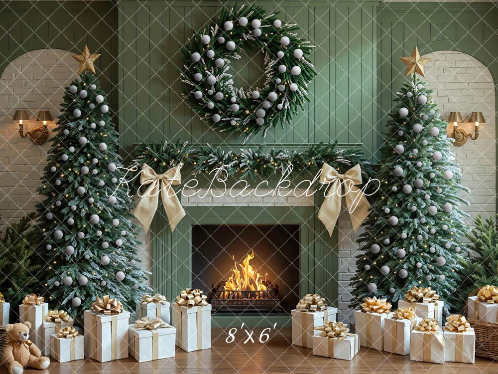 Kate Green Christmas Fireplace Trees Wreath Presents Backdrop Designed by Mini MakeBelieve -UK