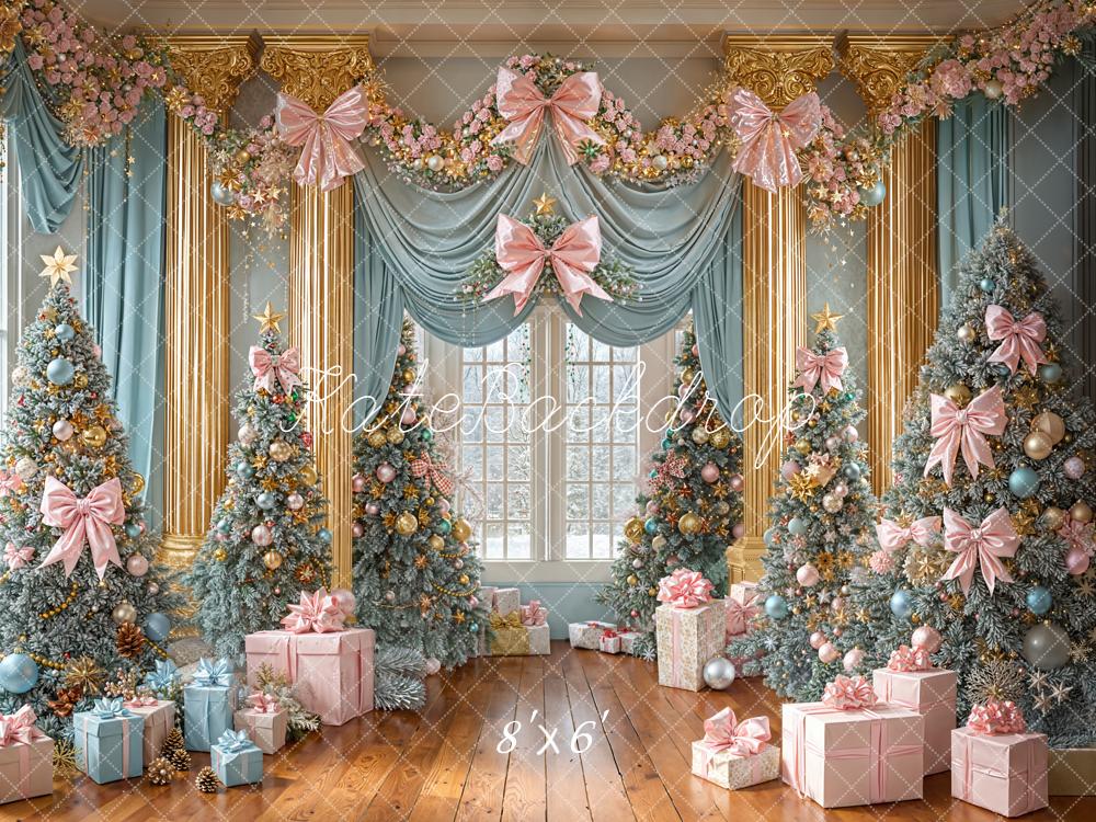 Kate Christmas Pink Blue Trees Presents Fleece Backdrop Designed by Emetselch -UK