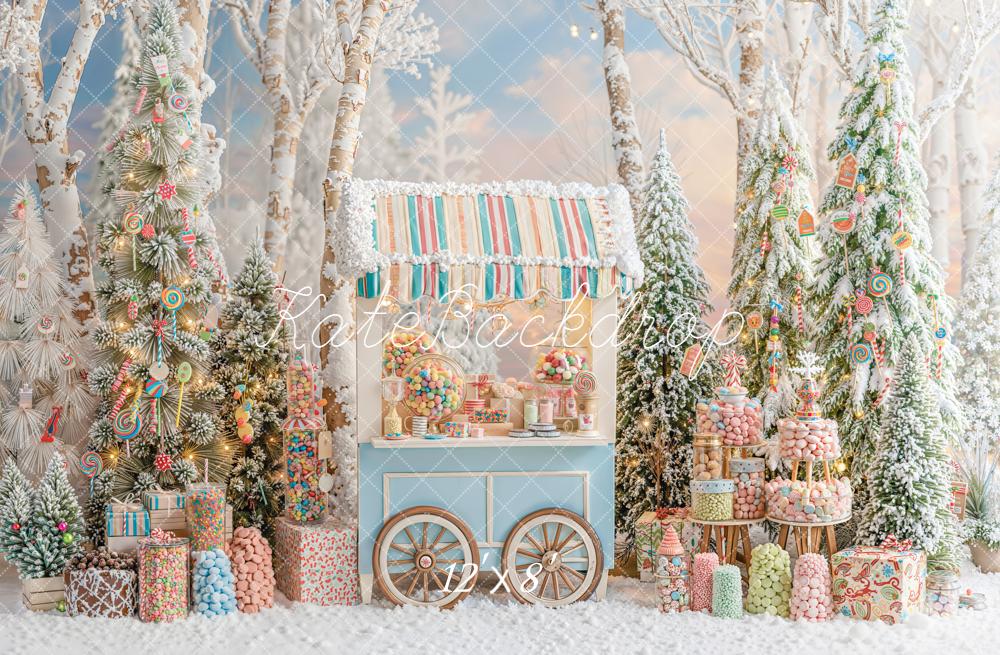 Kate Christmas Candy Cart Snowy Trees Fleece Backdrop Designed by Emetselch -UK
