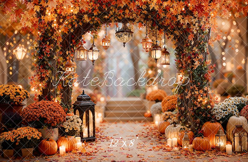 Kate Autumn Flower Arch Pumpkins Lanterns Fleece Backdrop Designed by Emetselch -UK