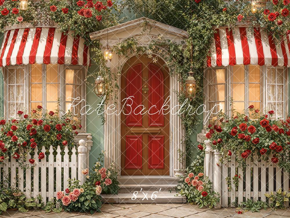Kate Red Door Striped Awning Rose Garden Fleece Backdrop Designed by Emetselch -UK