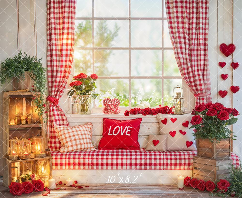 Kate Valentine Window Red Gingham Roses Backdrop Designed by Emetselch