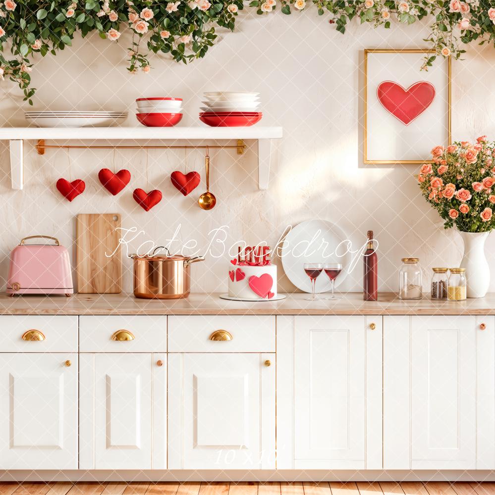 Kate Valentine White Kitchen Hearts Roses Backdrop Designed by Emetselch