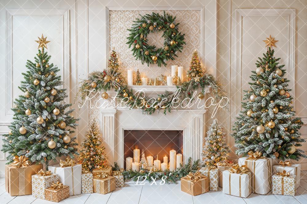 Kate Christmas Fireplace Wreath Trees Backdrop Designed by Emetselch