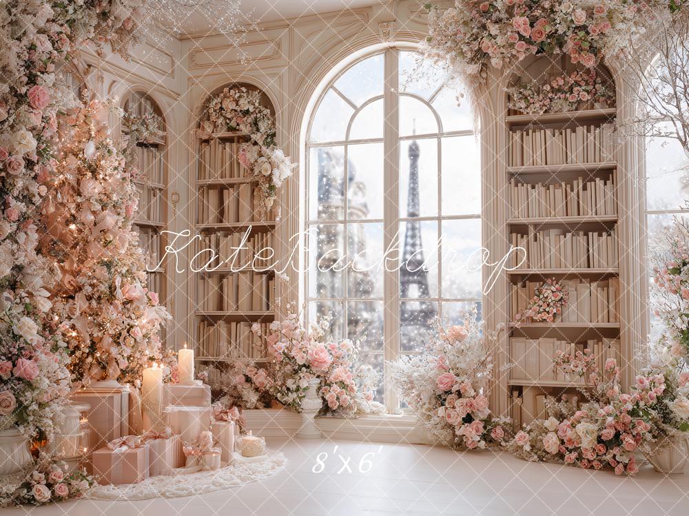 Kate Christmas Pink Floral Bookshelves Window Backdrop Designed by Ashley Paul