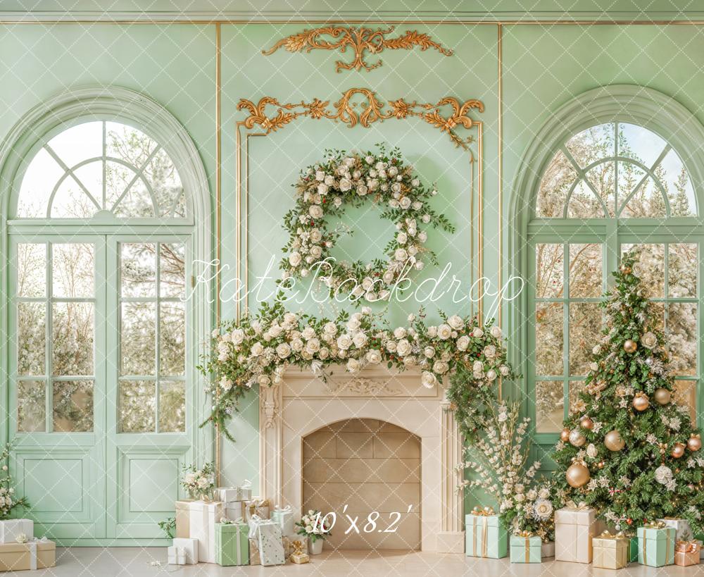 Kate Christmas Mint Green Fireplace Tree Backdrop Designed by Emetselch -UK