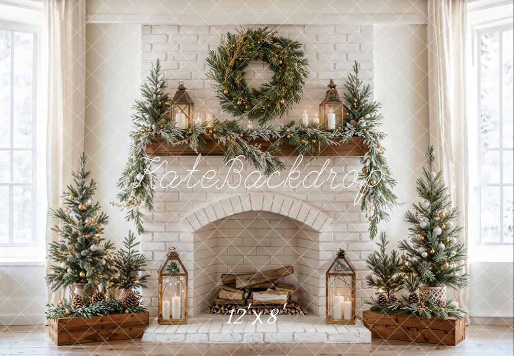 Kate Christmas Fireplace Wreath Lanterns Fleece Backdrop Designed by Emetselch -UK