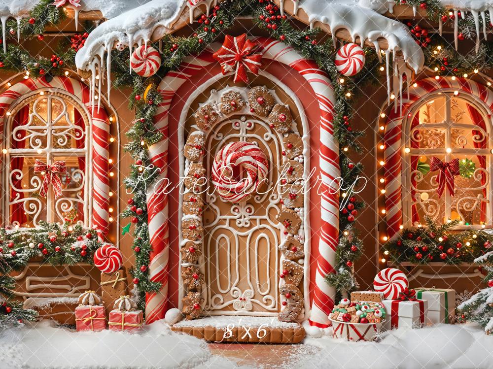 Kate Christmas Gingerbread House Candy Cane Fleece Backdrop Designed by Emetselch -UK