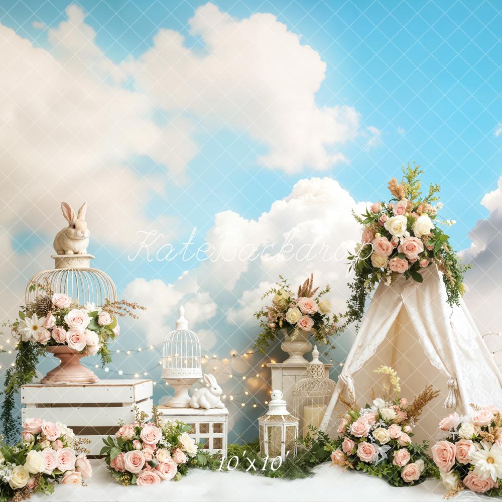 Kate Easter Bunny Tent Floral Clouds Backdrop Designed by Emetselch