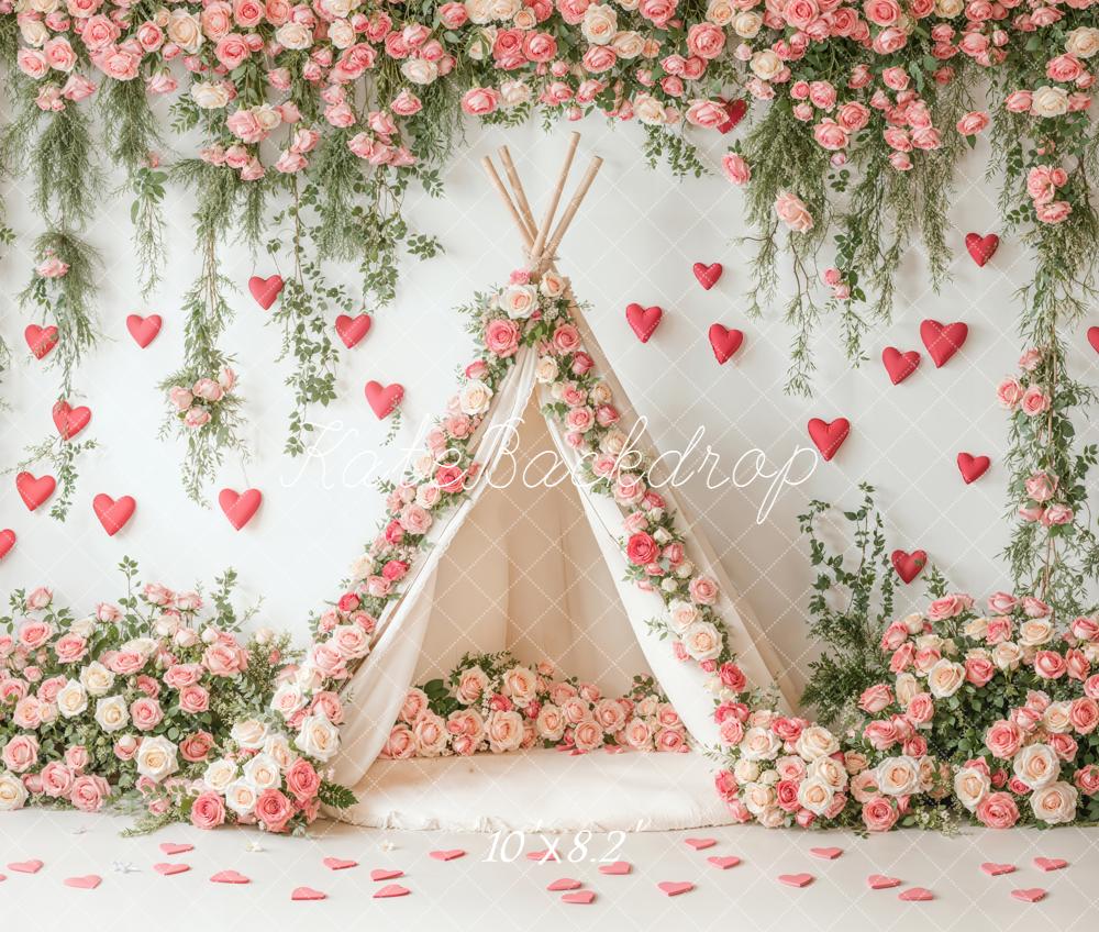 Kate Flower Arch Tent Pink Roses Hearts Fleece Backdrop Designed by Emetselch -UK