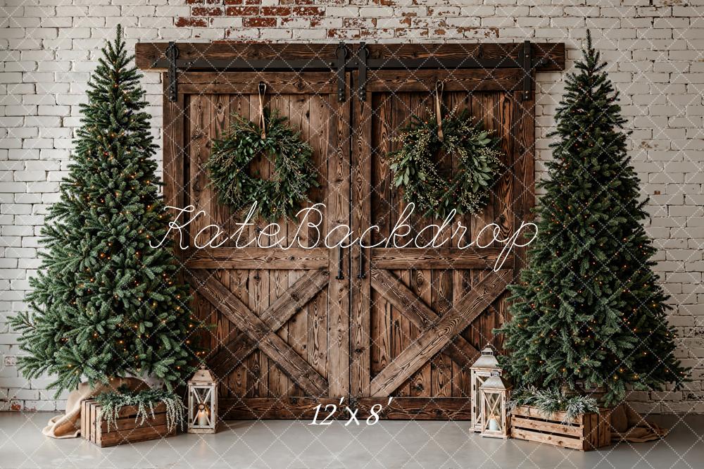 Kate Christmas Barn Door Wreath Trees Fleece Backdrop Designed by Emetselch -UK