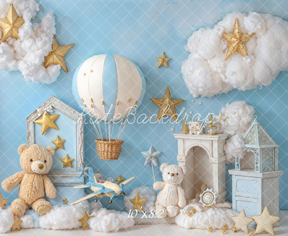 Kate Teddy Bears Hot Air Balloon Stars Clouds Blue Backdrop Designed by Emetselch