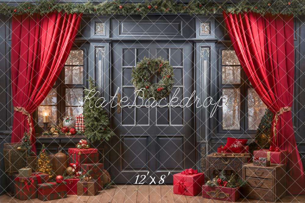 Kate Christmas Red Curtains Wreath Gifts Backdrop Designed by Emetselch -UK