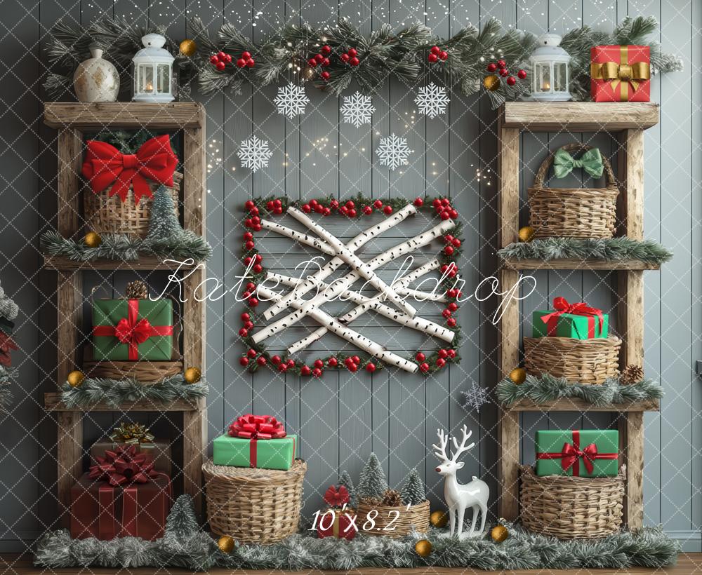 Kate Christmas Grey Wooden Shelves Presents Backdrop Designed by Mini MakeBelieve -UK