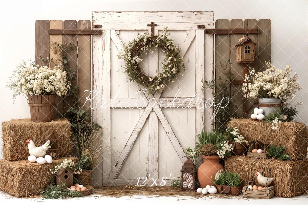 Kate Spring Barn Door Hay Chicken Eggs Flowers Fleece Backdrop Designed by Emetselch -UK