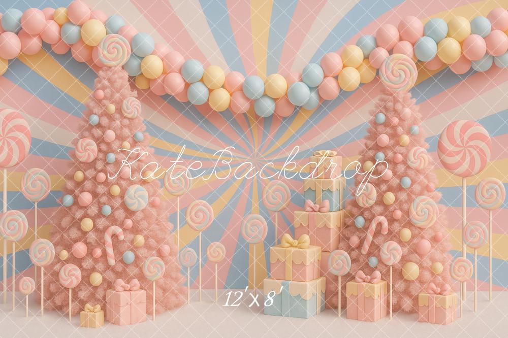 Kate Christmas Pastel Candy Trees Presents Backdrop Designed by Ashley Paul