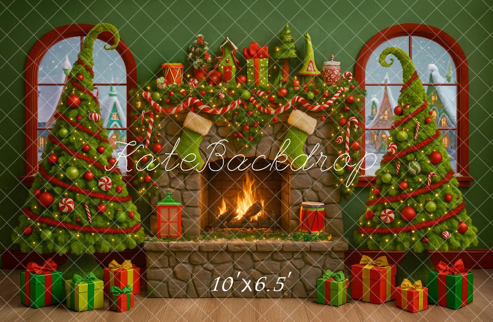 Kate Christmas Fireplace Curved Trees Presents Backdrop Designed by Ashley Paul