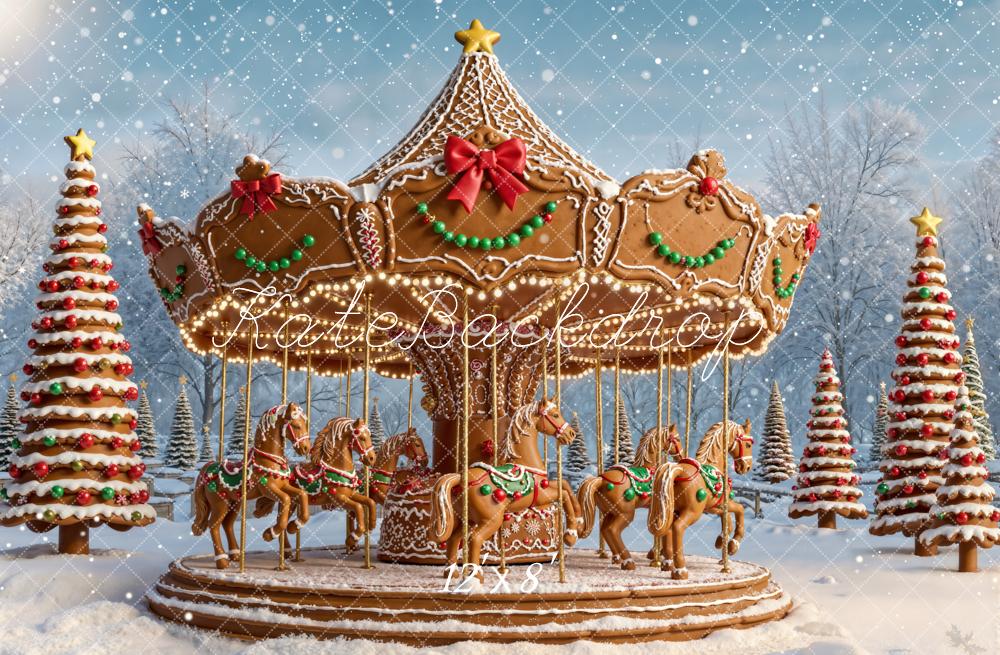 Kate Christmas Carousel Gingerbread Trees Snow Fleece Backdrop Designed by Emetselch -UK