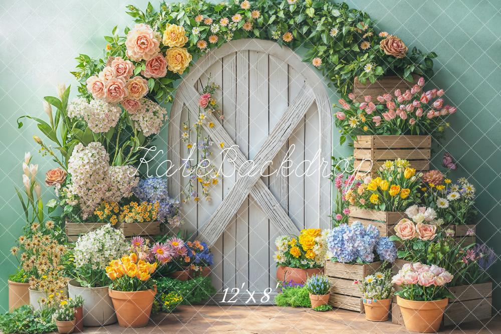 Kate Spring Garland Wooden Door Crates Fleece Backdrop Designed by Emetselch -UK