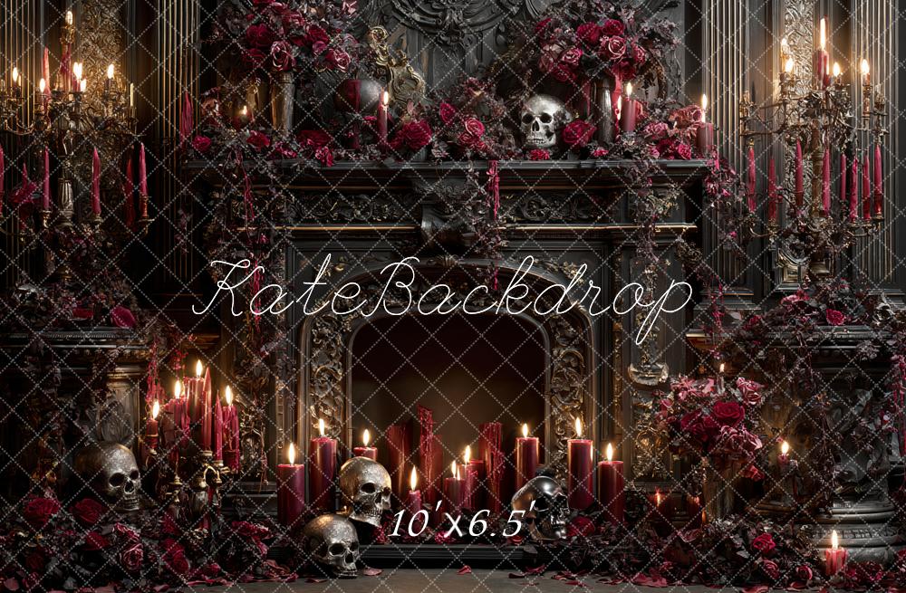 Kate Halloween Gothic Fireplace Skulls Candles Backdrop Designed by Ashley Paul -UK